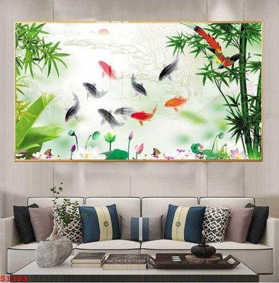 File in lụa Tranh cửu ngư quần hội sen cá S1303 (tân cổ điển) Tranh cửu ngư quần hội sen cá S1303