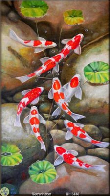 Ảnh gốc Tranh cửu ngư quần hội sen cá S148 (nét căng) in mica