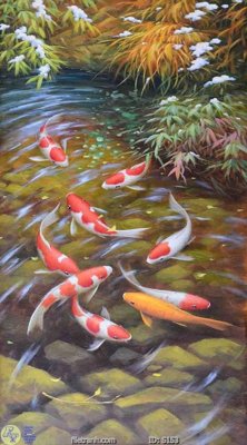 File in lụa Tranh cửu ngư quần hội sen cá S153 (phong cảnh) Tranh cửu ngư quần hội sen cá S153
