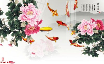 File gốc Tranh hoa sen cá cửu ngư quần hội S3018 (in lụa) trang trí tường