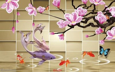 File gốc in mica Tranh cửu ngư quần hội sen cá S304 chất lượng