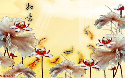 File in trần Tranh hoa sen cá cửu ngư quần hội S3041 (bản gốc) 5D