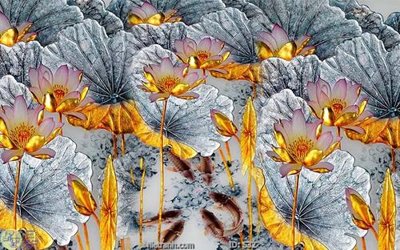 File in trần Tranh cửu ngư quần hội sen cá S32 (bản gốc) phong cảnh