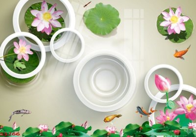 File gốc in tráng gương Tranh hoa sen cá cửu ngư quần hội S3266 chi tiết