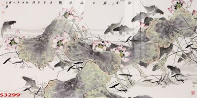 File ảnh Tranh hoa sen cá cửu ngư quần hội S3299 (gốc) trang trí khách sạn