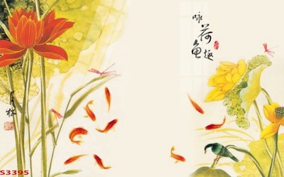 File in lụa Tranh hoa sen cá cửu ngư quần hội S3395 (tân cổ điển) Tranh hoa sen cá cửu ngư quần hội S3395