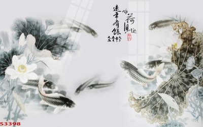 File tranh gốc in trần nhà Tranh hoa sen cá cửu ngư quần hội S3398 3D