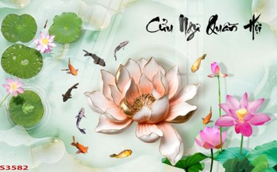 File gốc Tranh hoa sen cá cửu ngư quần hội S3582 (in lụa) trang trí tường