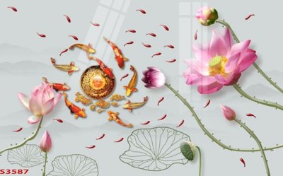 File in ấn Tranh hoa sen cá cửu ngư quần hội S3587 (bản gốc) sắc nét