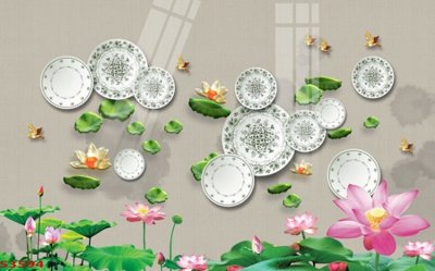 File PSD Tranh hoa sen cá cửu ngư quần hội S3594 (bản gốc) độ phân giải cao