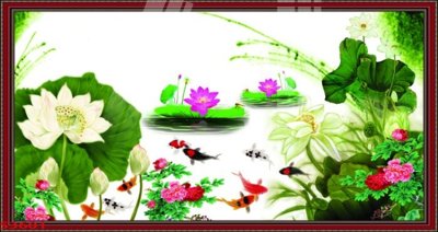 File ảnh Tranh hoa sen cá cửu ngư quần hội S3601 (gốc) in Hiflex