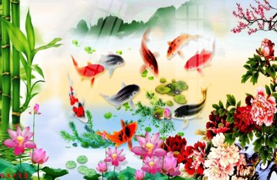 Download file ảnh gốc Tranh hoa sen cá cửu ngư quần hội S3713 để in ấn