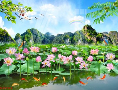 Download file Tranh hoa sen cá cửu ngư quần hội S3731 (chất lượng in ấn)