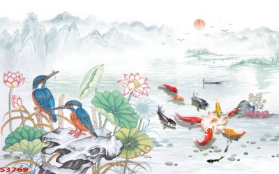 Tải file Tranh hoa sen cá cửu ngư quần hội S3769 (ảnh gốc) in gạch 3D