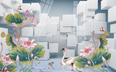 File in trần Tranh hoa sen cá cửu ngư quần hội S3771 (file gốc) hoa văn 3D