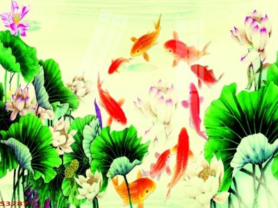 File gốc Tranh hoa sen cá cửu ngư quần hội S3787 (in lụa) chi tiết cao
