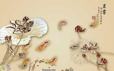 File in mica Tranh cửu ngư quần hội sen cá S38 (bản gốc) siêu trong