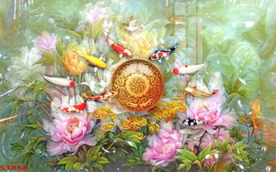 File gốc Tranh hoa sen cá cửu ngư quần hội S3858 (in lụa) trang trí tường