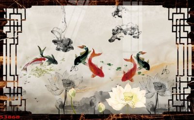 File gốc Tranh hoa sen cá cửu ngư quần hội S3868 (in lụa) cao cấp