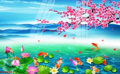 File in mica Tranh hoa sen cá cửu ngư quần hội S3909 (ảnh gốc) đẹp