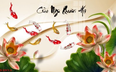 File gốc Tranh hoa sen cá cửu ngư quần hội S3913 (in lụa) chi tiết cao
