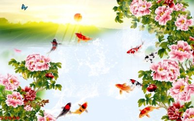 File in lụa Tranh hoa sen cá cửu ngư quần hội S3958 (tân cổ điển) Tranh hoa sen cá cửu ngư quần hội S3958