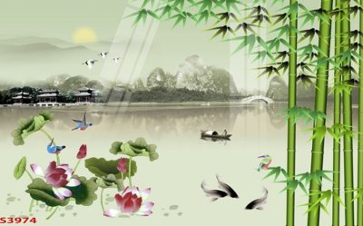 File in lụa Tranh hoa sen cá cửu ngư quần hội S3974 (phong cảnh) Tranh hoa sen cá cửu ngư quần hội S3974