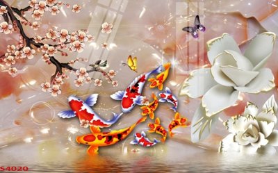 File tranh in trần 3D Tranh hoa sen cá cửu ngư quần hội S4020 (ảnh gốc)