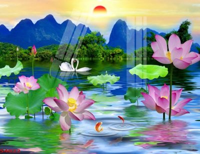 Tải file Tranh hoa sen cá cửu ngư quần hội S4022 (gốc) chủ đề hoa sen