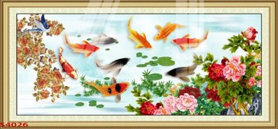 Tải file Tranh hoa sen cá cửu ngư quần hội S4026 (ảnh gốc) in tráng gương