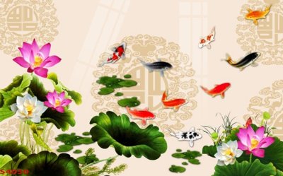 File gốc Tranh hoa sen cá cửu ngư quần hội S4050 (in 3D) nghệ thuật