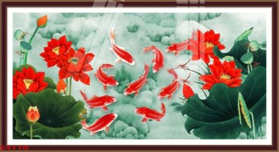 Tải về file tranh gốc Tranh hoa sen cá cửu ngư quần hội S4110 (để in quảng cáo)