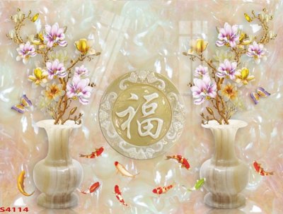 File in trần Tranh hoa sen cá cửu ngư quần hội S4114 (bản gốc 3D) sống động