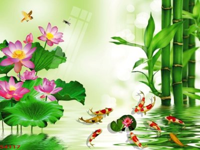 File gốc Tranh hoa sen cá cửu ngư quần hội S4117 (in lụa) tranh thuận buồm