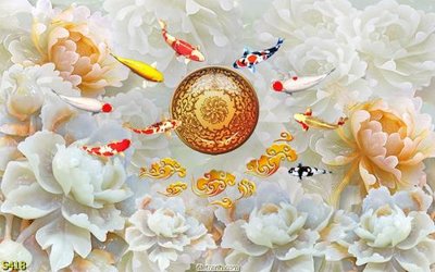 File gốc in mica Tranh cửu ngư quần hội sen cá S418 chất lượng