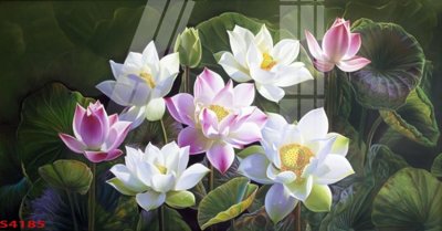 File ảnh Tranh hoa sen cá cửu ngư quần hội S4185 (gốc) trang trí khách sạn