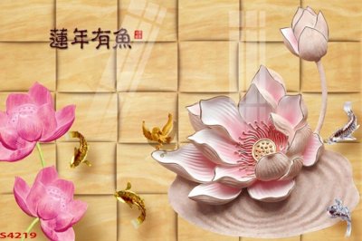 File in lụa Tranh hoa sen cá cửu ngư quần hội S4219 (chất lượng cao) Tranh hoa sen cá cửu ngư quần hội S4219
