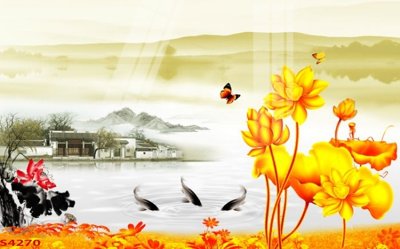 File tranh PSD Tranh hoa sen cá cửu ngư quần hội S4270 chất lượng cao