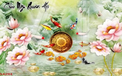 Ảnh gốc Tranh hoa sen cá cửu ngư quần hội S4294 (độ nét cao) in mica