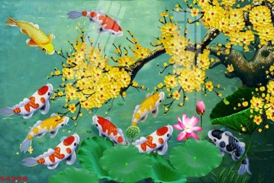 File ảnh Tranh hoa sen cá cửu ngư quần hội S4298 (gốc) in PP, decal