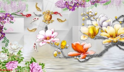 File gốc Tranh hoa sen cá cửu ngư quần hội S4305 (in 3D) cho trang trí