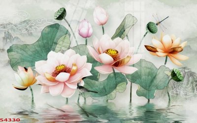 File ảnh Tranh hoa sen cá cửu ngư quần hội S4330 (gốc) trang trí khách sạn