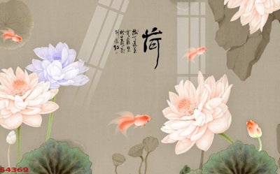 File gốc Tranh hoa sen cá cửu ngư quần hội S4369 (in lụa) trang trí tường