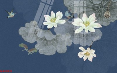 File in mica Tranh hoa sen cá cửu ngư quần hội S4383 (bản gốc) làm vách ngăn