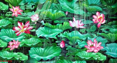 File in trần Tranh hoa sen cá cửu ngư quần hội S4423 (bản gốc) bầu trời