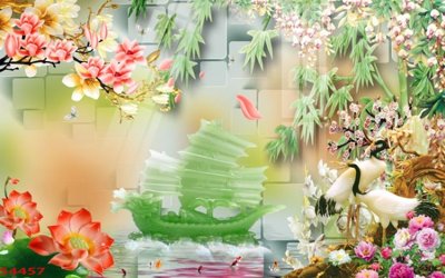 File gốc Tranh hoa sen cá cửu ngư quần hội S4457 (in tráng gương) hiện đại