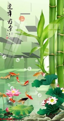 File tranh gốc in trần nhà Tranh hoa sen cá cửu ngư quần hội S4466 3D