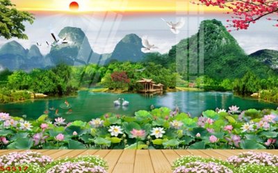 File in lụa Tranh hoa sen cá cửu ngư quần hội S4517 (phong cảnh) Tranh hoa sen cá cửu ngư quần hội S4517