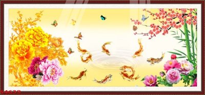 File gốc Tranh hoa sen cá cửu ngư quần hội S4639 (in lụa) chi tiết cao