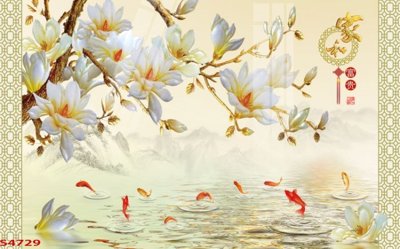 File gốc in mica Tranh hoa sen cá cửu ngư quần hội S4729 chất lượng